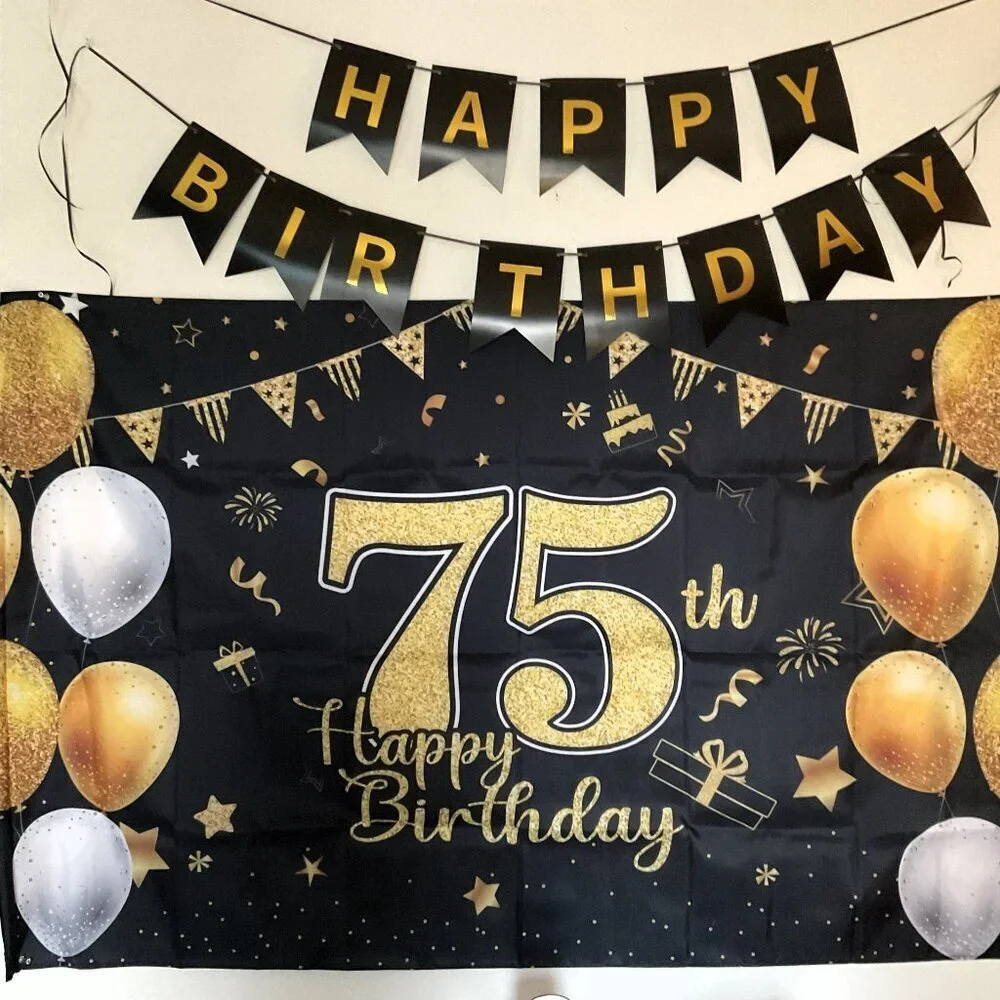 75TH HAPPY BIRTHDAY BACK DROP, BANNER, 8 TABLE DÉCOR 11 BALLOONS